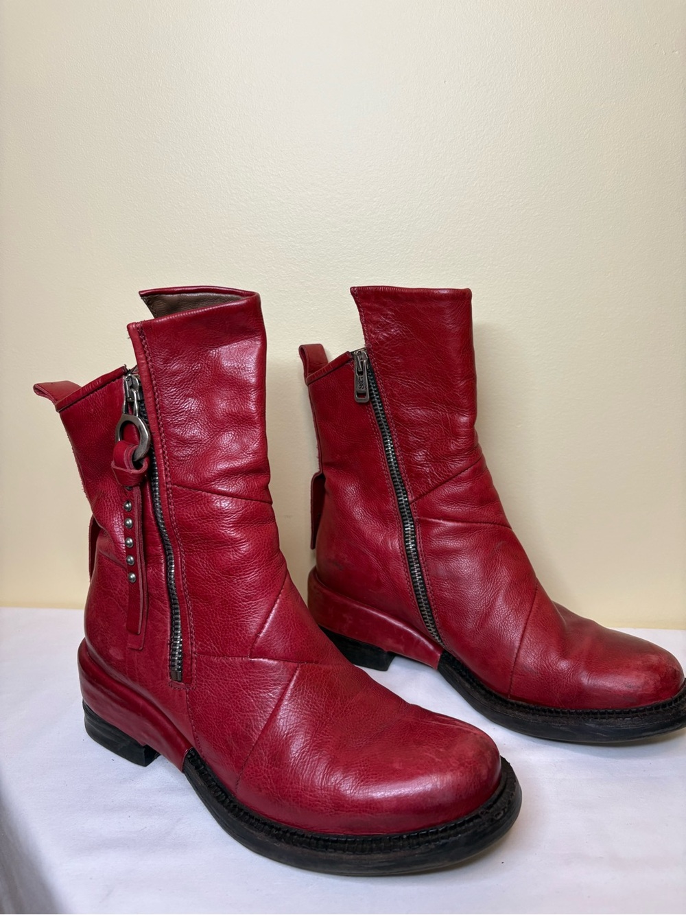 A.S.98 Red Leather Zip & Stud Ankle Boots